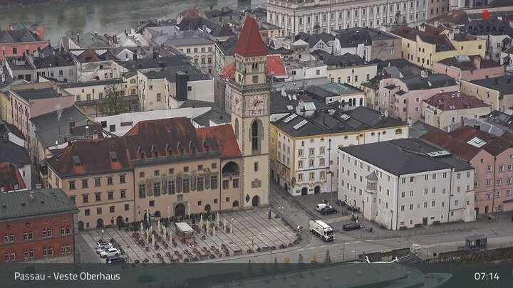 Archiv Foto Webcam Passau: Panoramablick auf Donau, Ortspitze und Altstadt