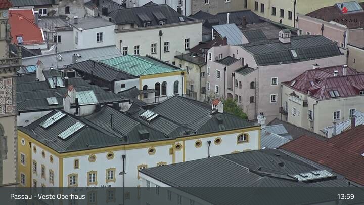 Archiv Foto Webcam Passau: Panoramablick auf Donau, Ortspitze und Altstadt