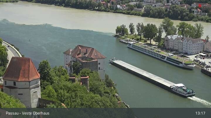 Archiv Foto Webcam Passau: Panoramablick auf Donau, Ortspitze und Altstadt