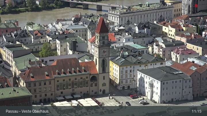 Archiv Foto Webcam Passau: Panoramablick auf Donau, Ortspitze und Altstadt