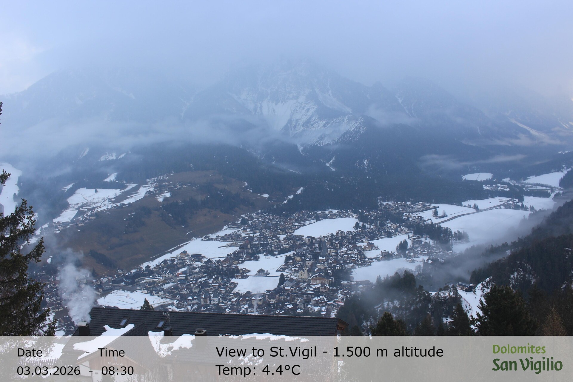 Archiv Foto Webcam Sicht auf St. Vigil in Enneberg im Südtiroler Pustertal (1.500 m)