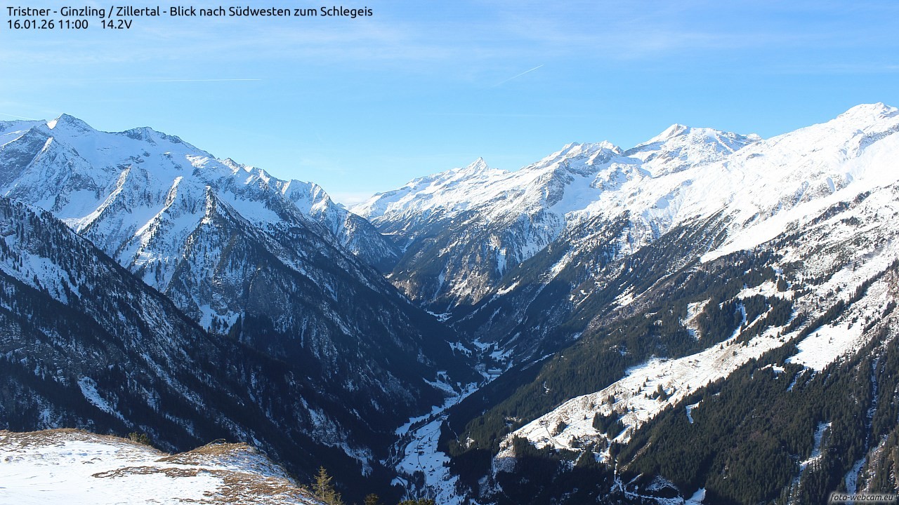 Archiv Foto Webcam Tristner/ Zillertal - Blick zum Grinberg