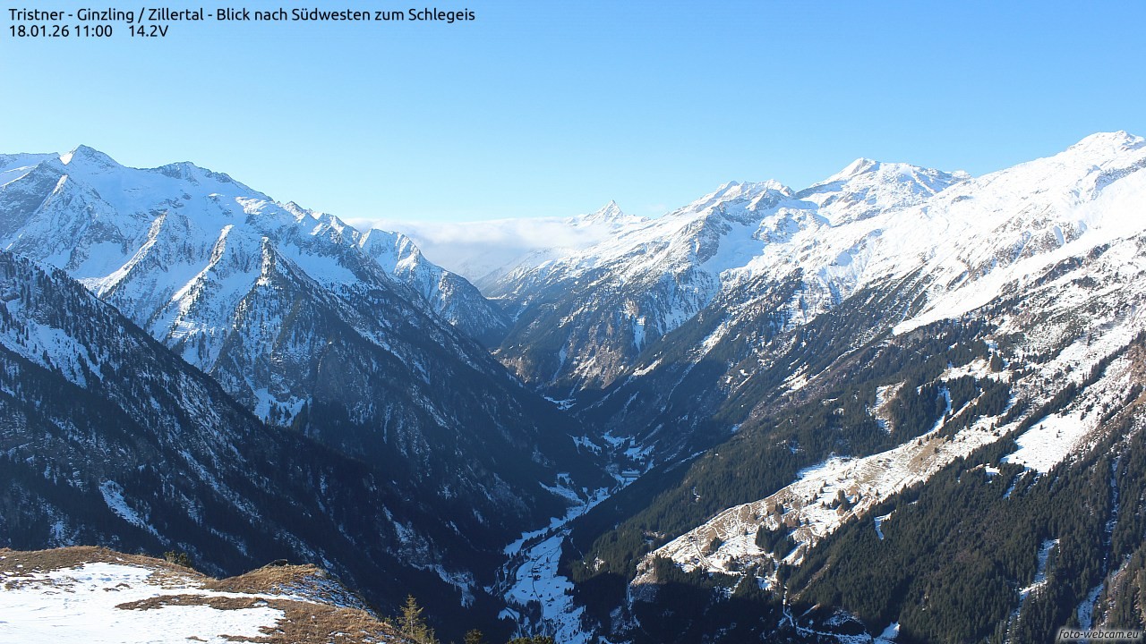 Archiv Foto Webcam Tristner/ Zillertal - Blick zum Grinberg