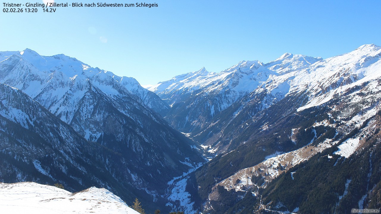 Archiv Foto Webcam Tristner/ Zillertal - Blick zum Grinberg