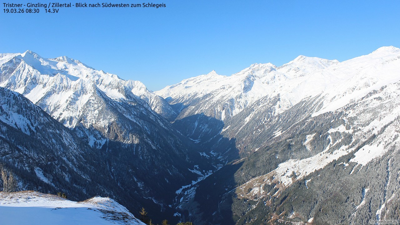 Archiv Foto Webcam Tristner/ Zillertal - Blick zum Grinberg