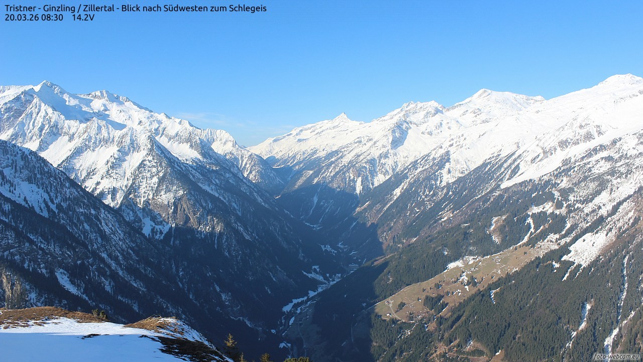 Archiv Foto Webcam Tristner/ Zillertal - Blick zum Grinberg