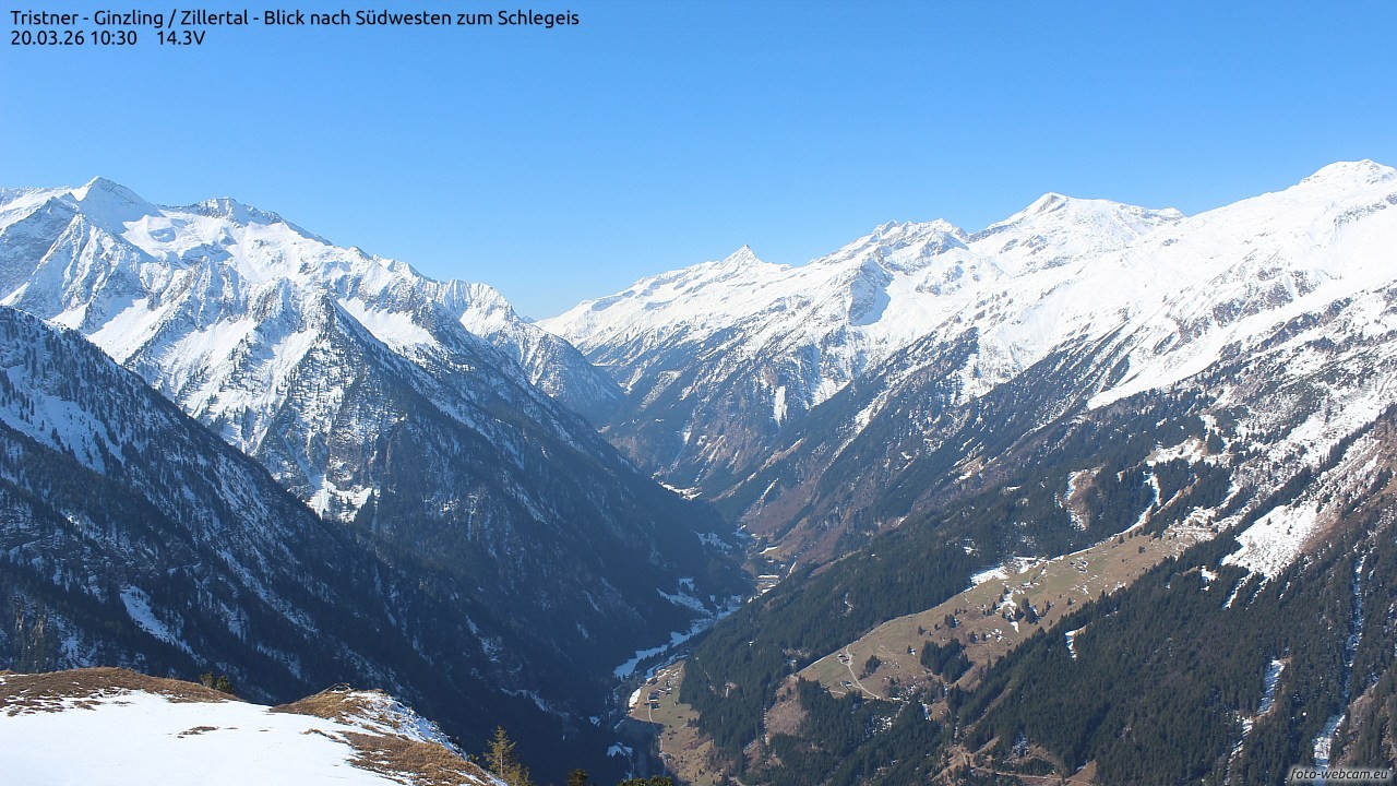 Archiv Foto Webcam Tristner/ Zillertal - Blick zum Grinberg