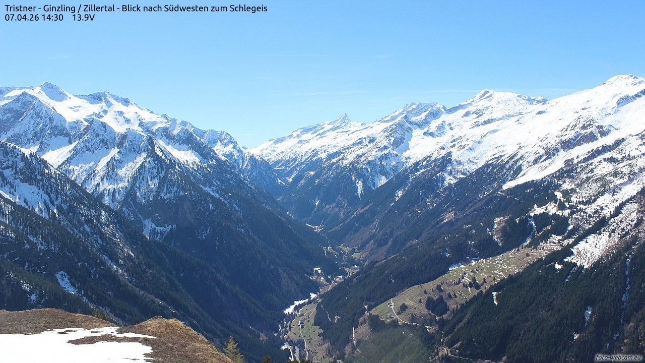 Archiv Foto Webcam Tristner/ Zillertal - Blick zum Grinberg