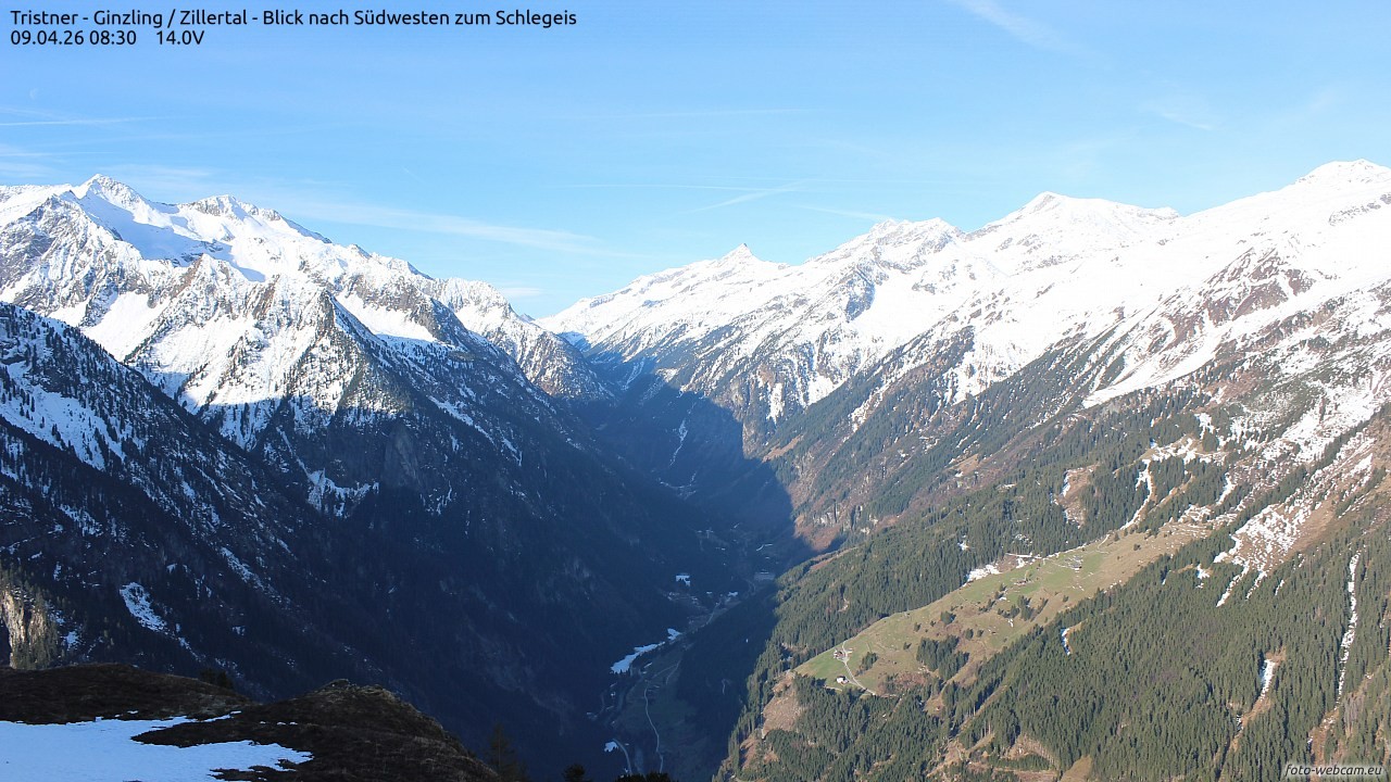 Archiv Foto Webcam Tristner/ Zillertal - Blick zum Grinberg