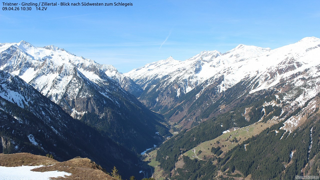 Archiv Foto Webcam Tristner/ Zillertal - Blick zum Grinberg