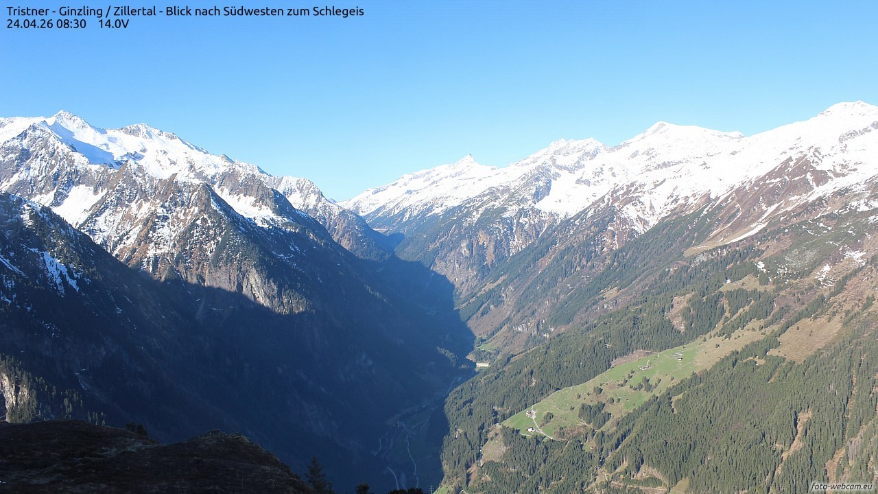 Archiv Foto Webcam Tristner/ Zillertal - Blick zum Grinberg