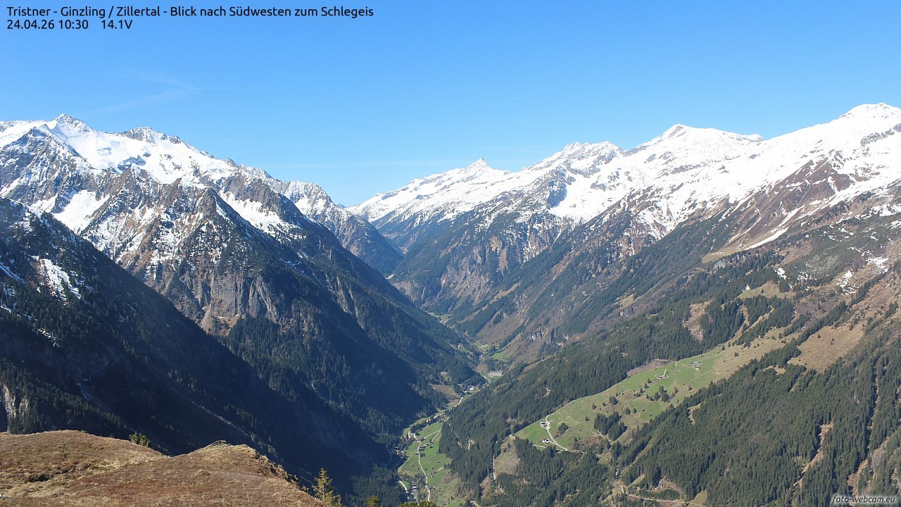 Archiv Foto Webcam Tristner/ Zillertal - Blick zum Grinberg