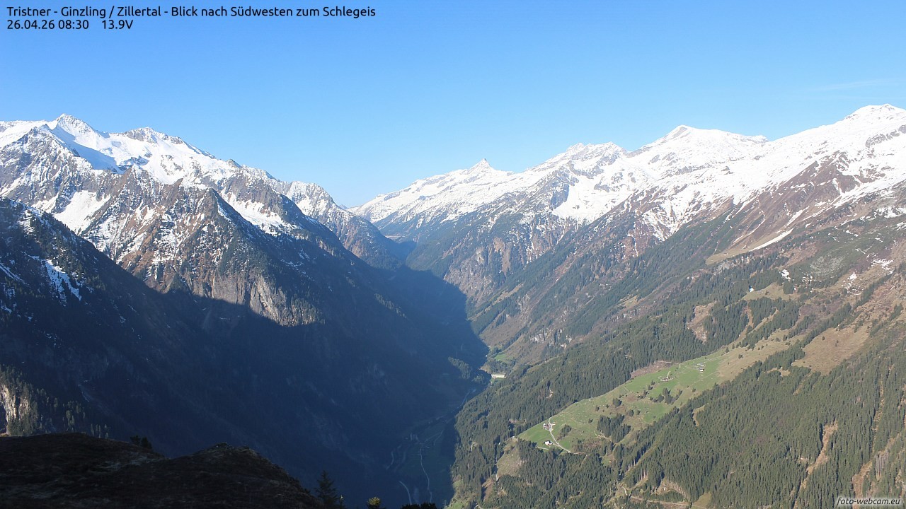 Archiv Foto Webcam Tristner/ Zillertal - Blick zum Grinberg