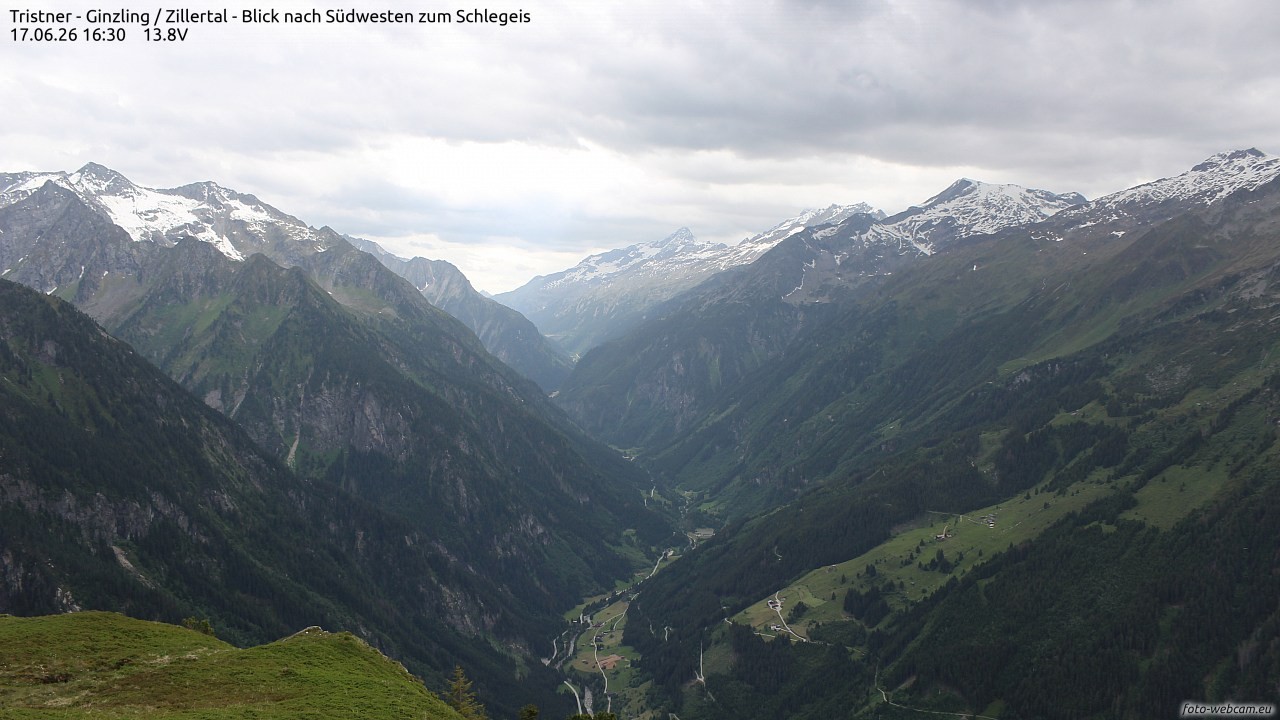 Archiv Foto Webcam Tristner/ Zillertal - Blick zum Grinberg
