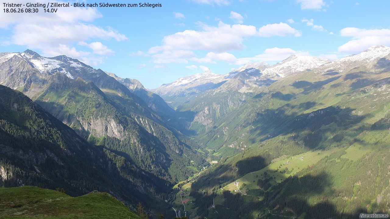 Archiv Foto Webcam Tristner/ Zillertal - Blick zum Grinberg