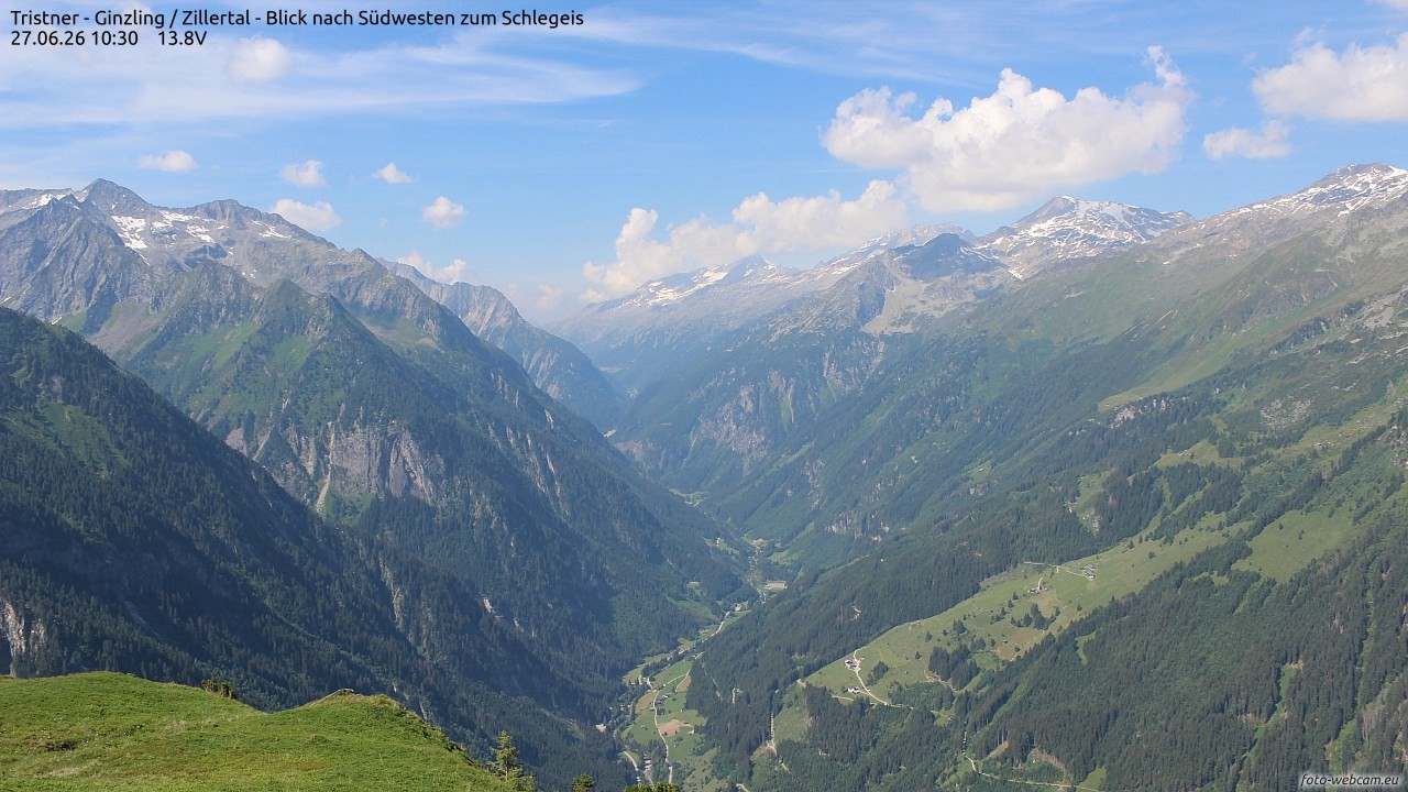 Archiv Foto Webcam Tristner/ Zillertal - Blick zum Grinberg