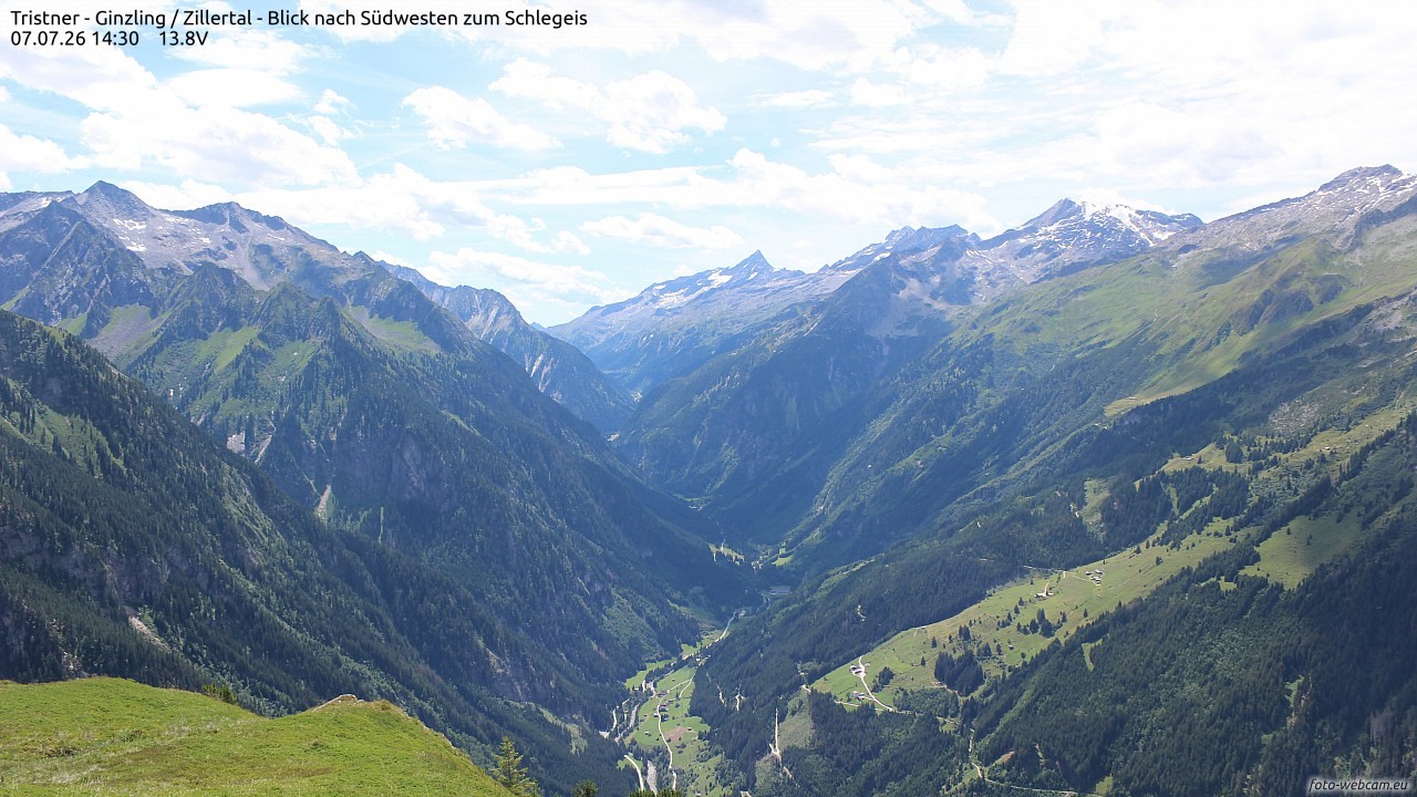 Archiv Foto Webcam Tristner/ Zillertal - Blick zum Grinberg