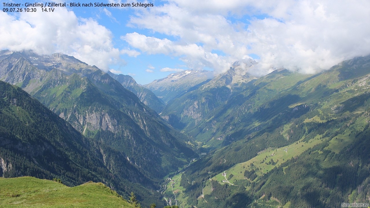Archiv Foto Webcam Tristner/ Zillertal - Blick zum Grinberg
