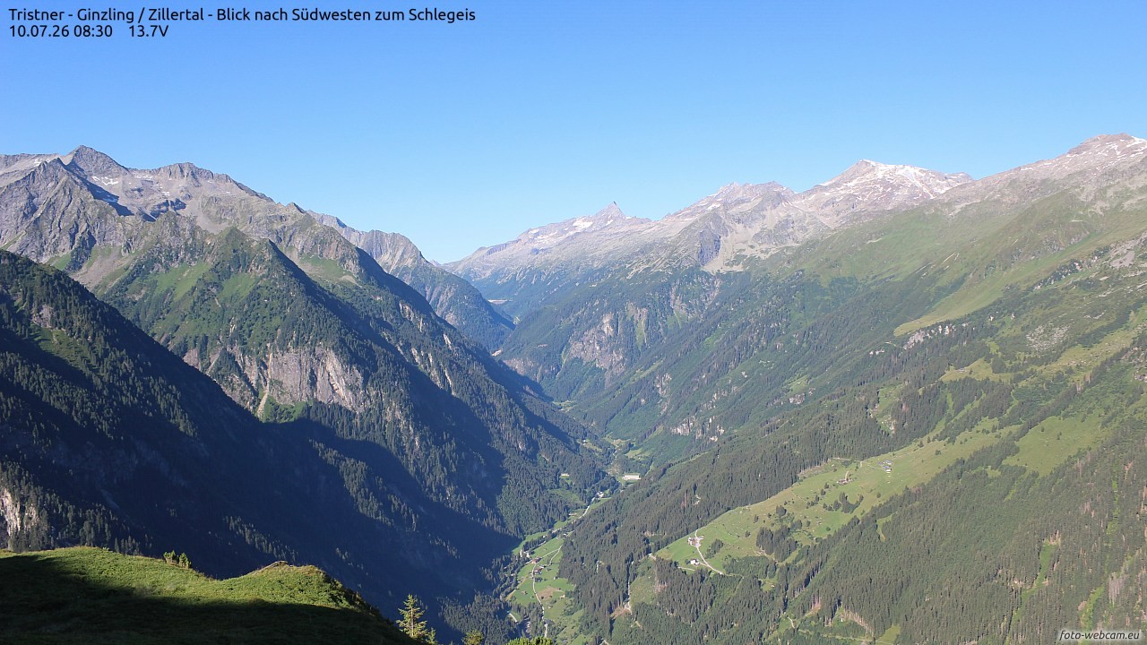 Archiv Foto Webcam Tristner/ Zillertal - Blick zum Grinberg