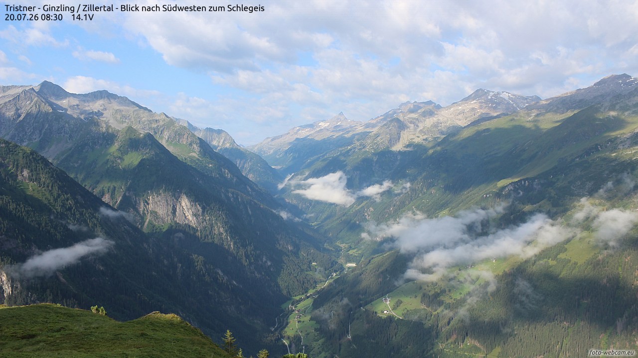 Archiv Foto Webcam Tristner/ Zillertal - Blick zum Grinberg