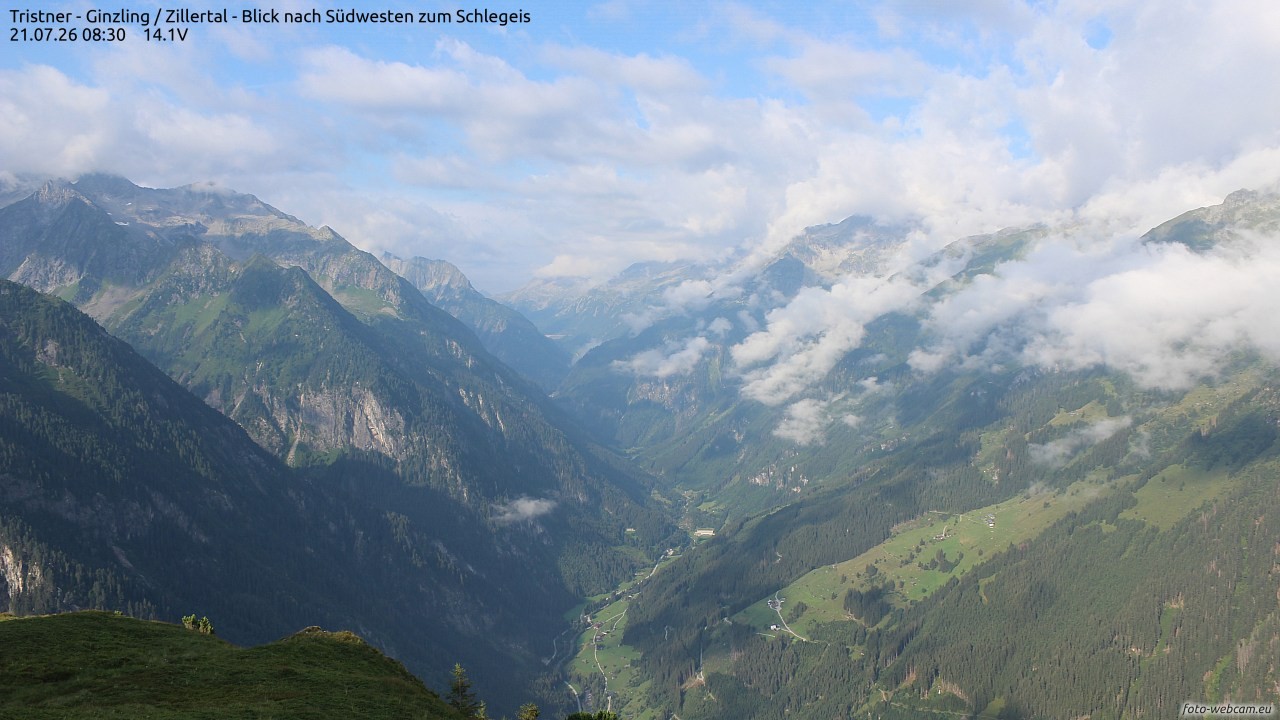 Archiv Foto Webcam Tristner/ Zillertal - Blick zum Grinberg