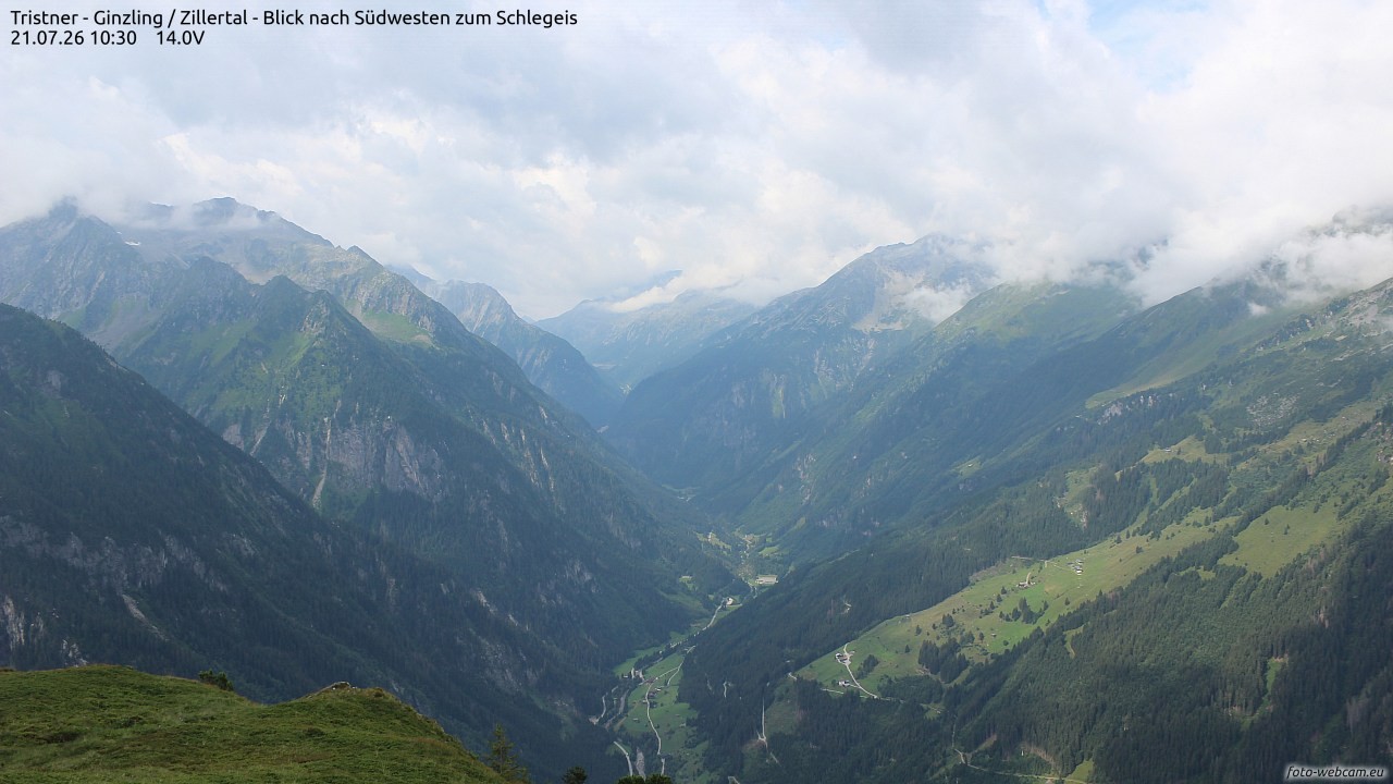 Archiv Foto Webcam Tristner/ Zillertal - Blick zum Grinberg