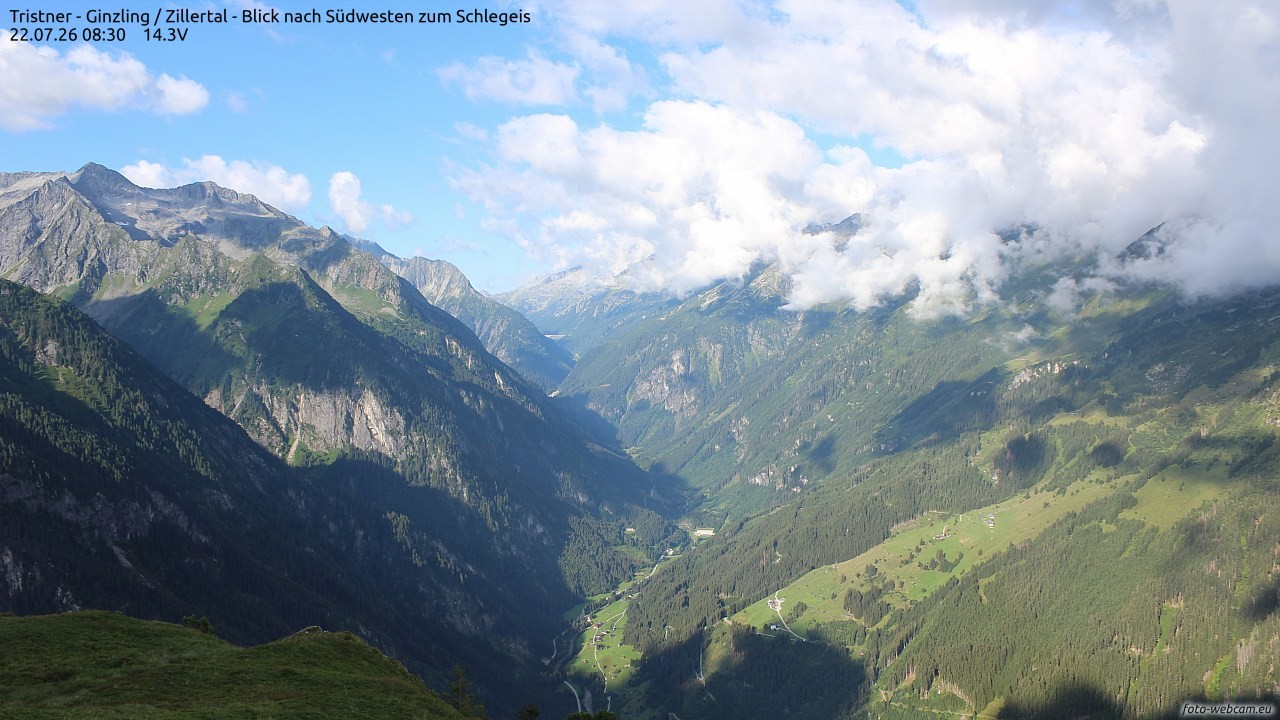 Archiv Foto Webcam Tristner/ Zillertal - Blick zum Grinberg