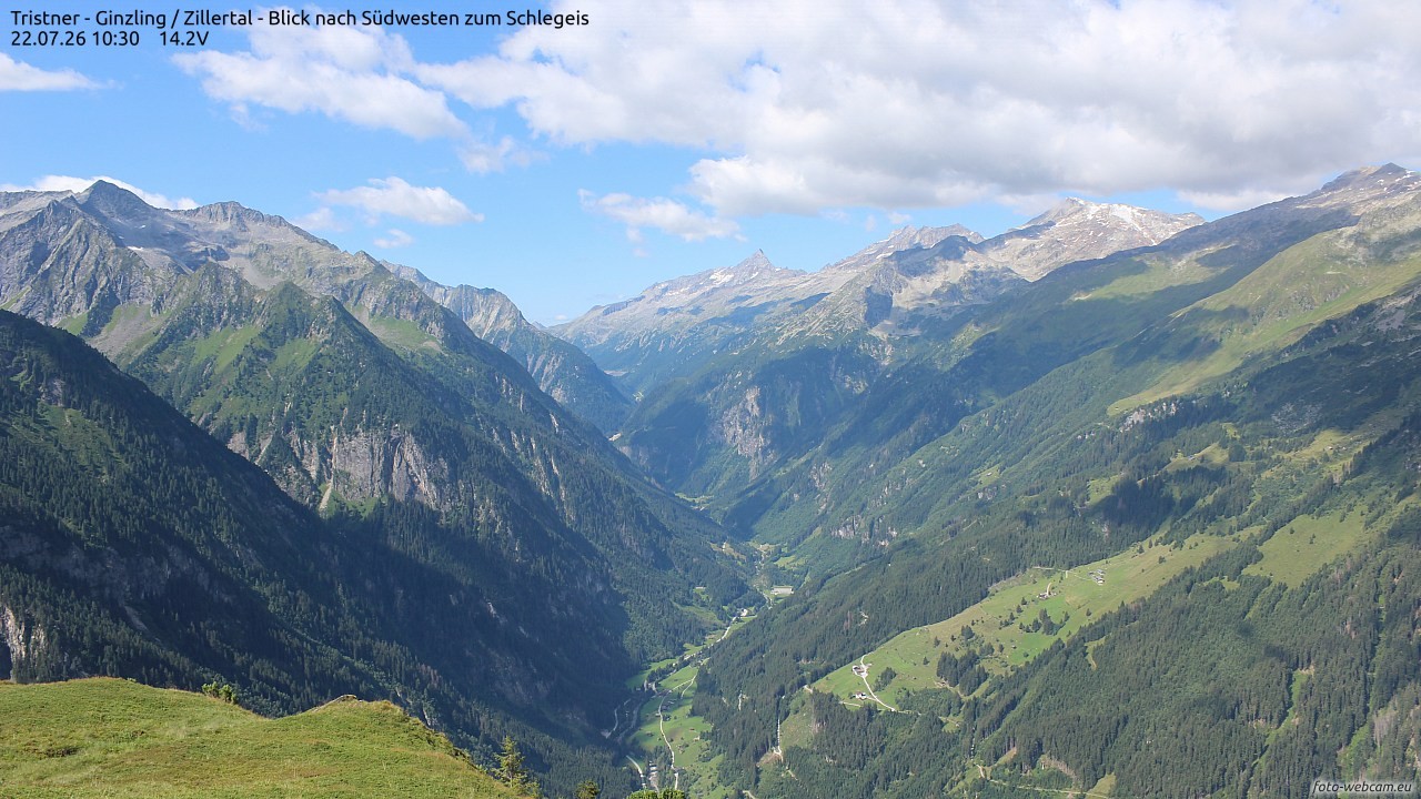 Archiv Foto Webcam Tristner/ Zillertal - Blick zum Grinberg