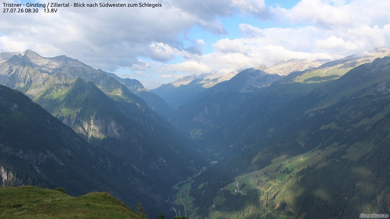 Archiv Foto Webcam Tristner/ Zillertal - Blick zum Grinberg