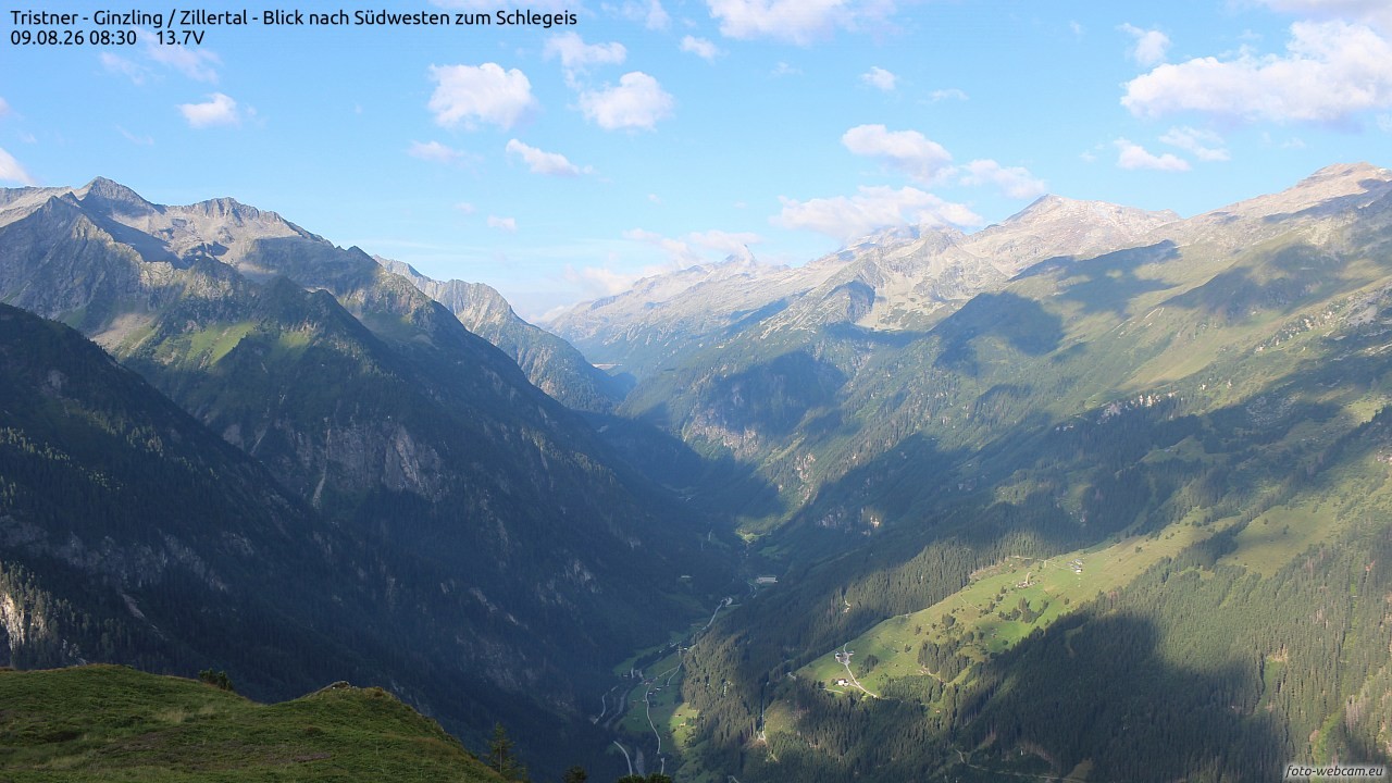Archiv Foto Webcam Tristner/ Zillertal - Blick zum Grinberg