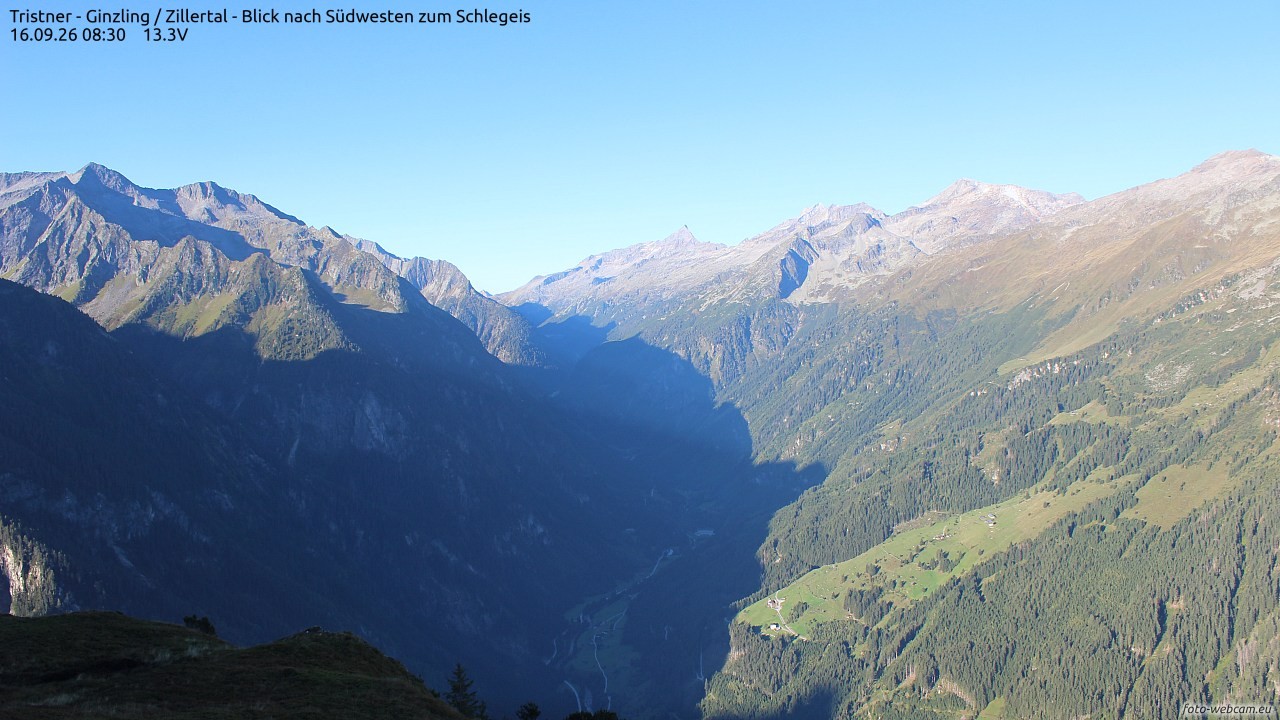 Archiv Foto Webcam Tristner/ Zillertal - Blick zum Grinberg