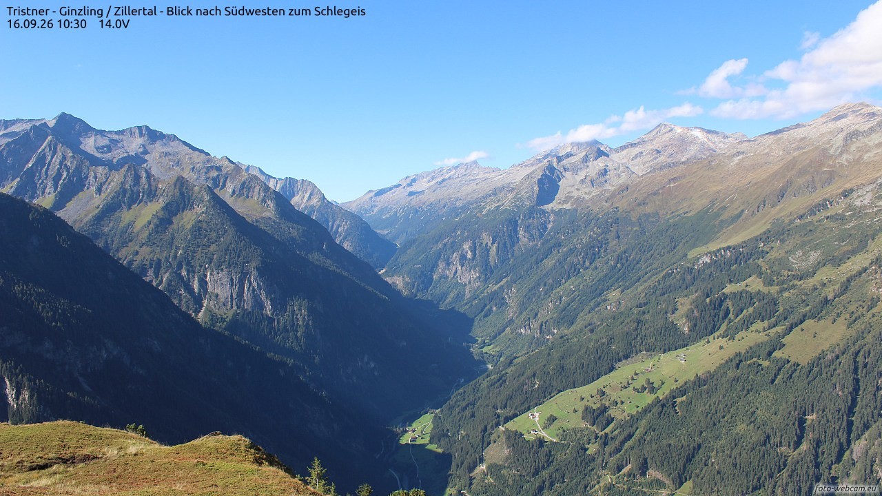 Archiv Foto Webcam Tristner/ Zillertal - Blick zum Grinberg