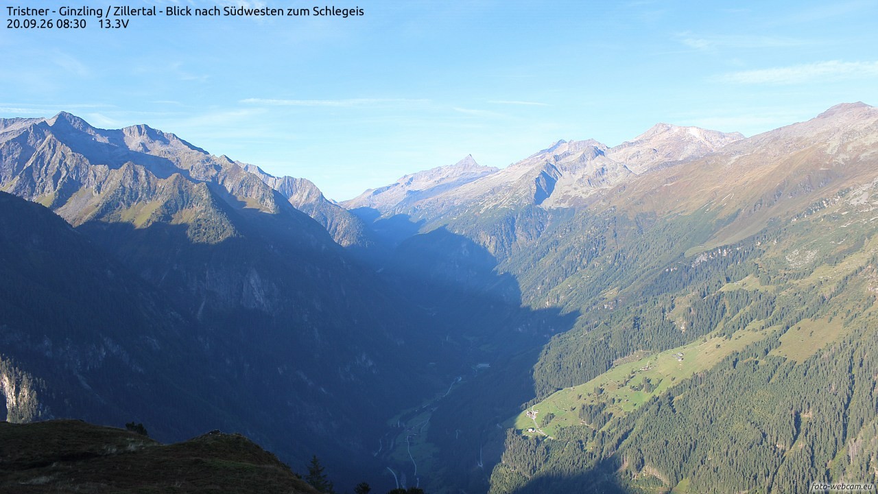 Archiv Foto Webcam Tristner/ Zillertal - Blick zum Grinberg