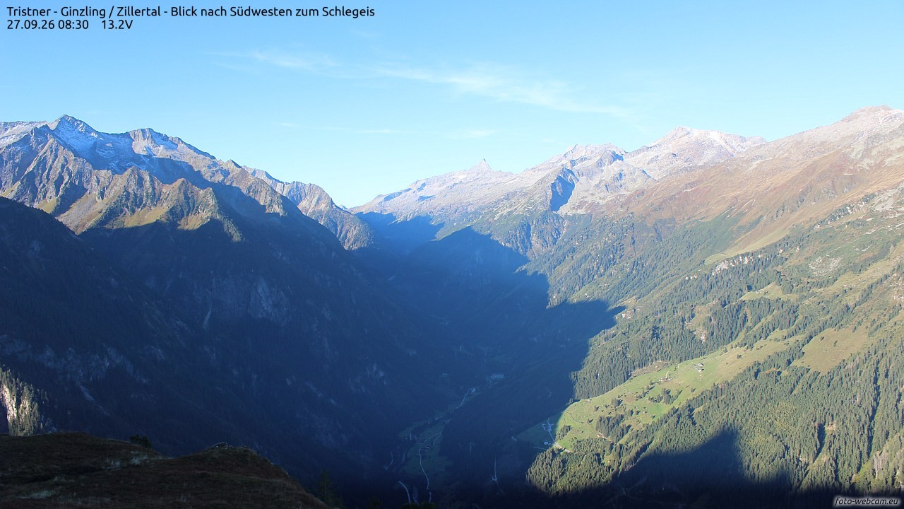 Archiv Foto Webcam Tristner/ Zillertal - Blick zum Grinberg