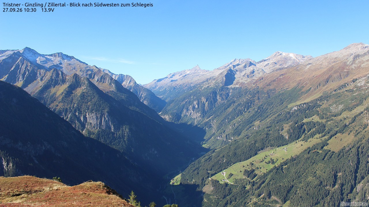 Archiv Foto Webcam Tristner/ Zillertal - Blick zum Grinberg