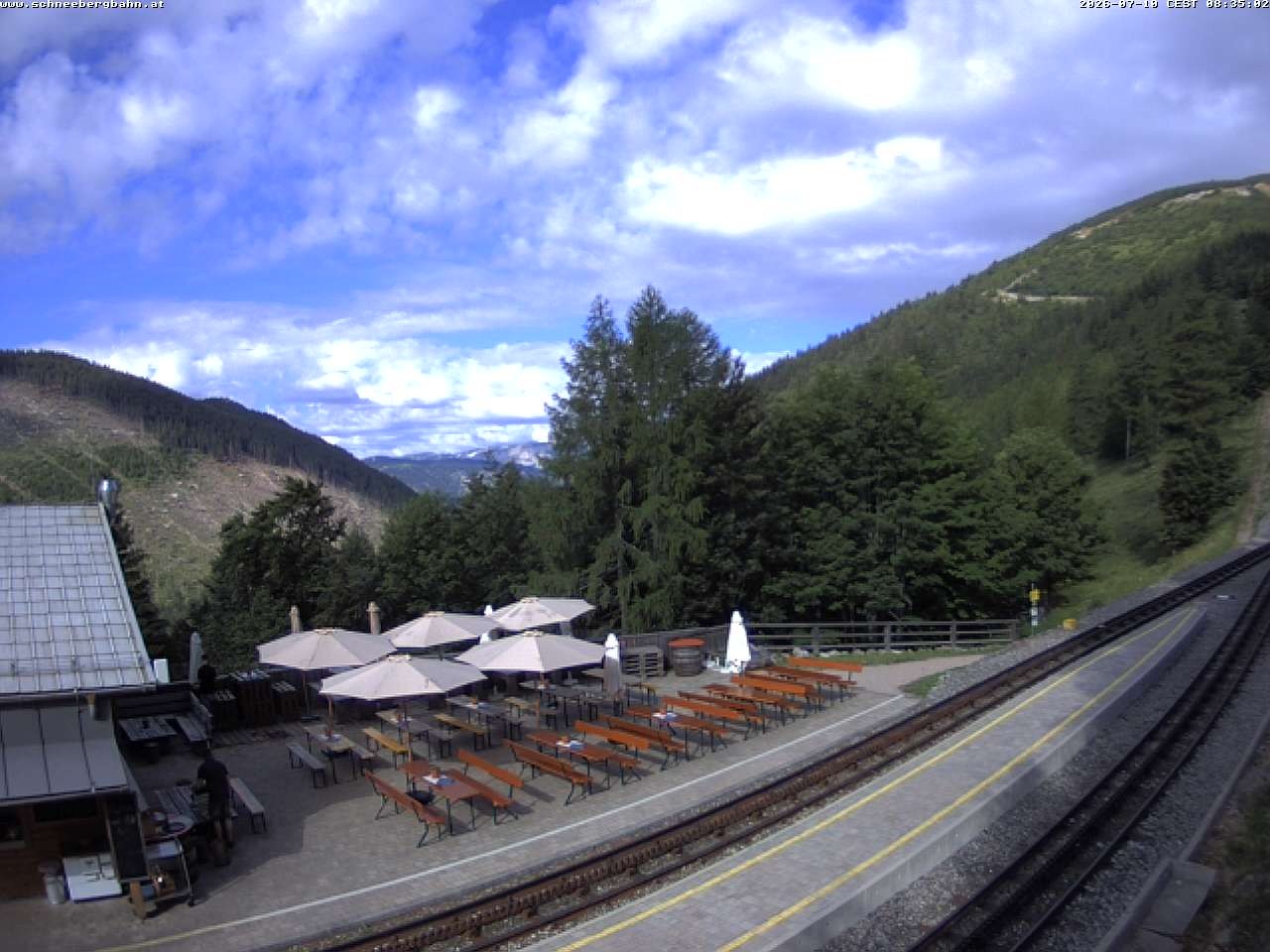 Archived image Webcam Schneeberg: View mountain restaurant Baumgartner