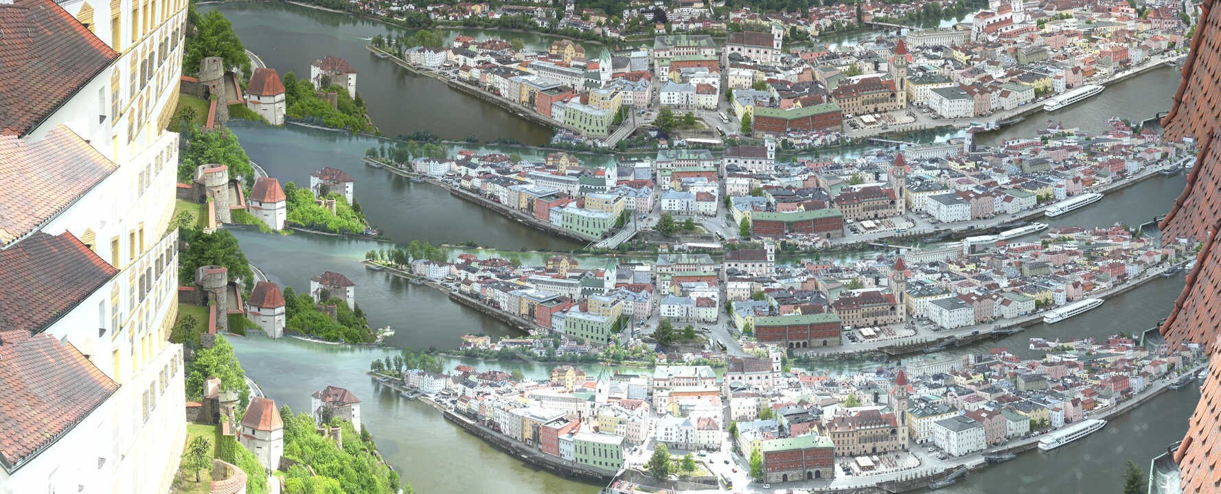Archiv Foto Webcam Passau: Blick von der Veste Oberhaus auf Donau und Altstadt