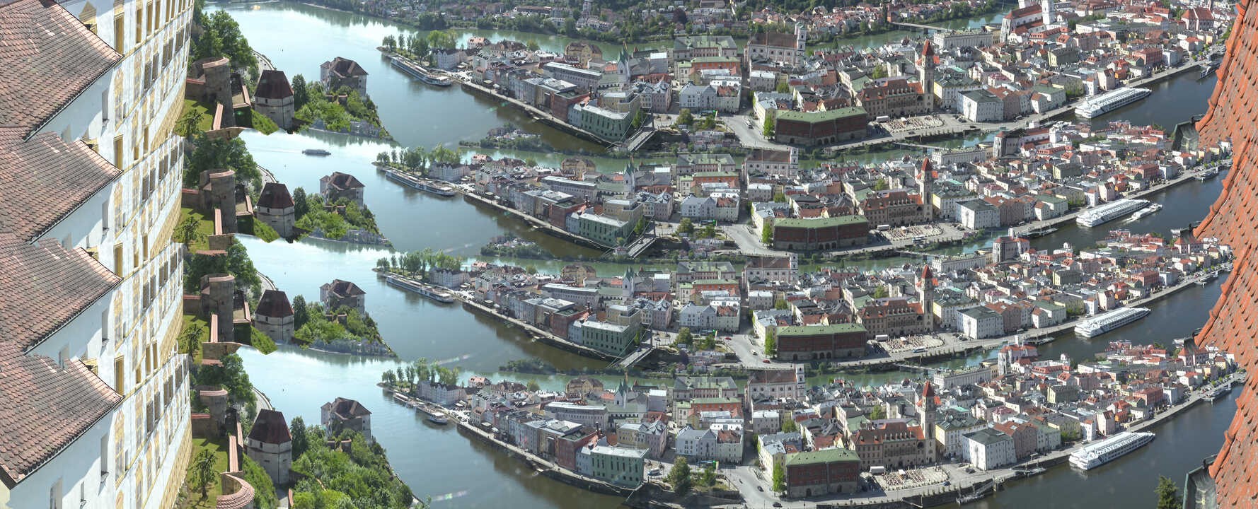 Archiv Foto Webcam Passau: Blick von der Veste Oberhaus auf Donau und Altstadt