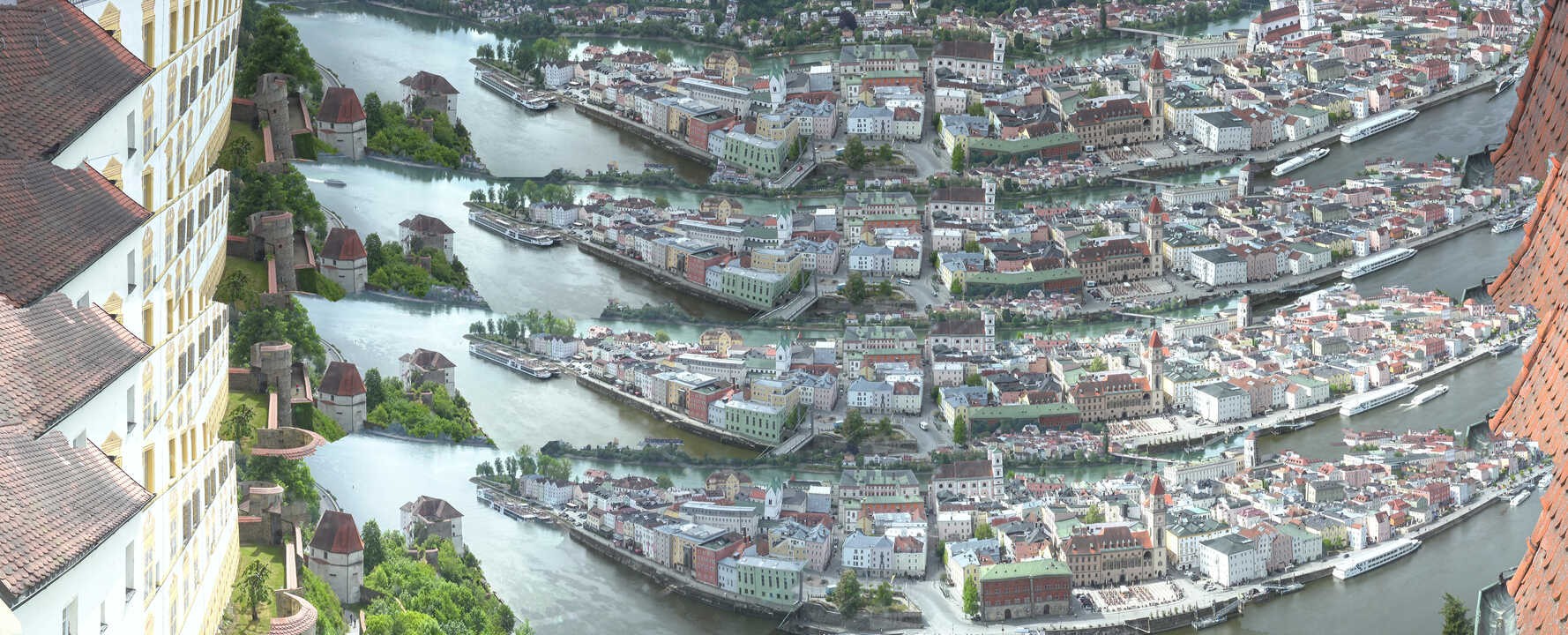 Archiv Foto Webcam Passau: Blick von der Veste Oberhaus auf Donau und Altstadt