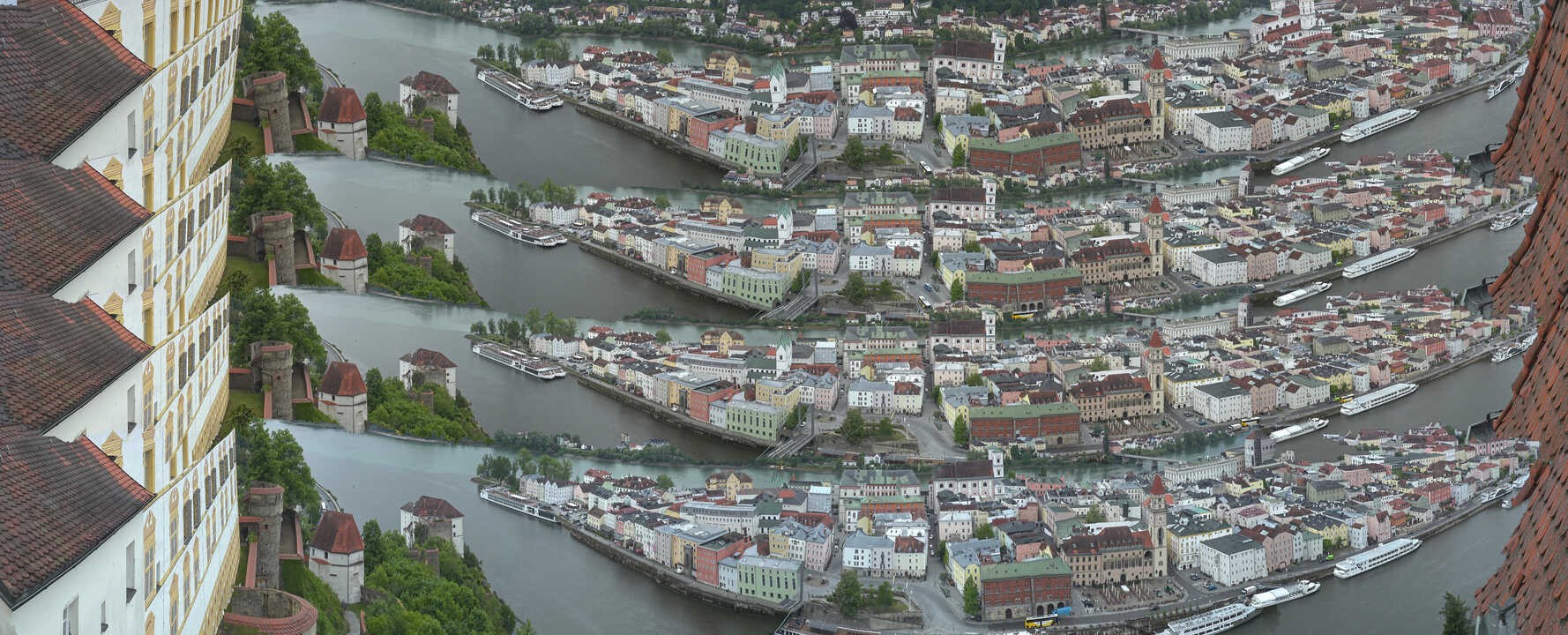 Archiv Foto Webcam Passau: Blick von der Veste Oberhaus auf Donau und Altstadt