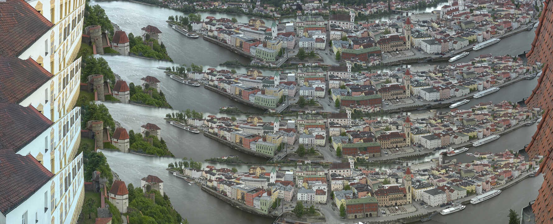 Archiv Foto Webcam Passau: Blick von der Veste Oberhaus auf Donau und Altstadt