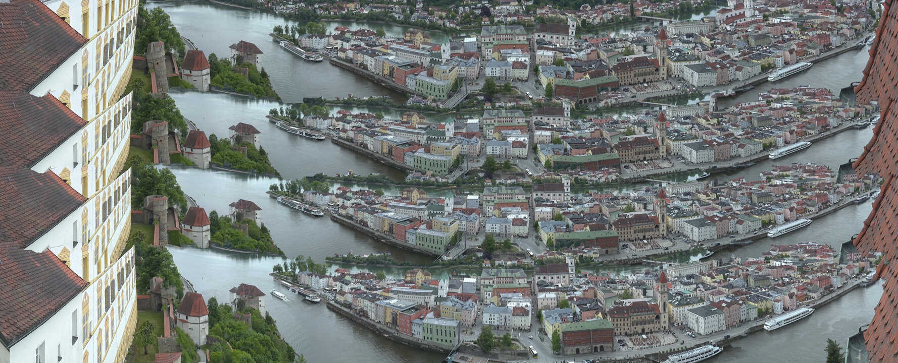 Archiv Foto Webcam Passau: Blick von der Veste Oberhaus auf Donau und Altstadt