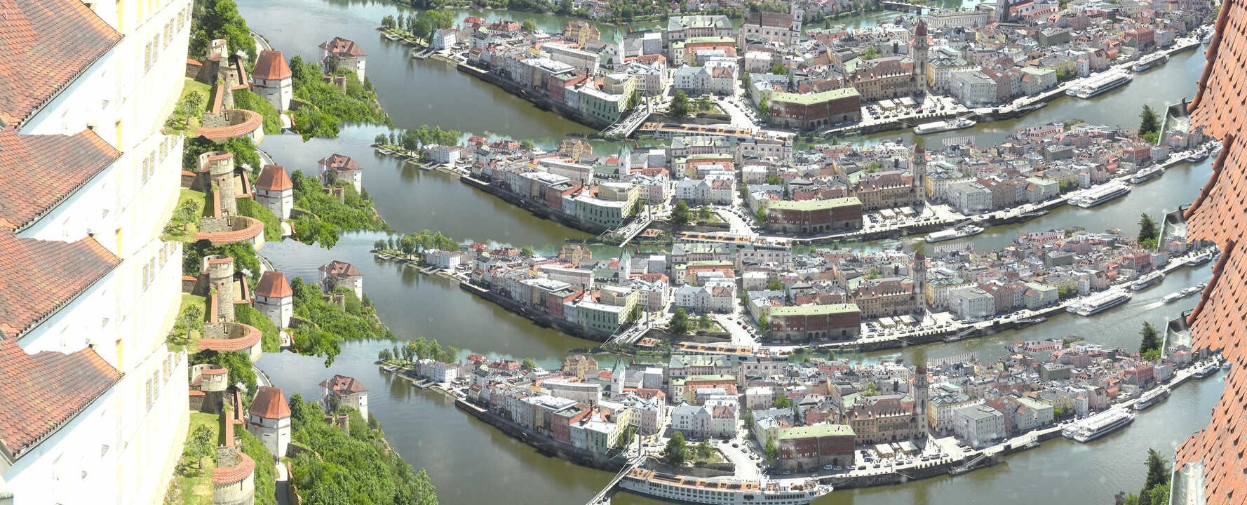 Archiv Foto Webcam Passau: Blick von der Veste Oberhaus auf Donau und Altstadt