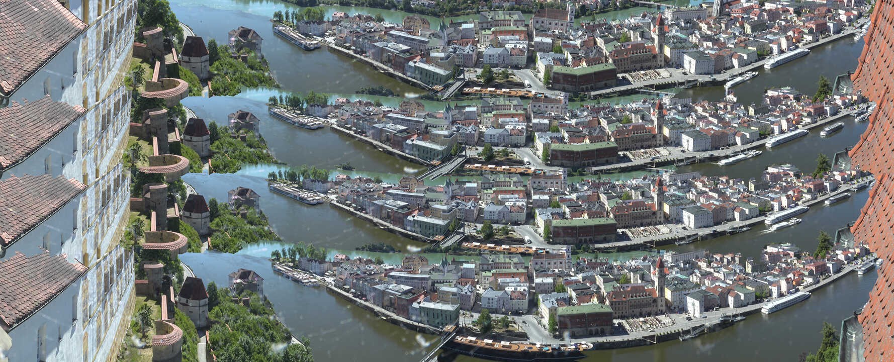 Archiv Foto Webcam Passau: Blick von der Veste Oberhaus auf Donau und Altstadt