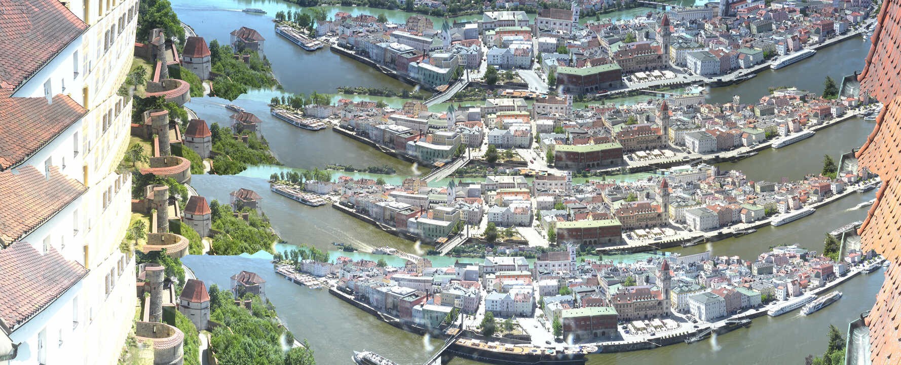 Archiv Foto Webcam Passau: Blick von der Veste Oberhaus auf Donau und Altstadt