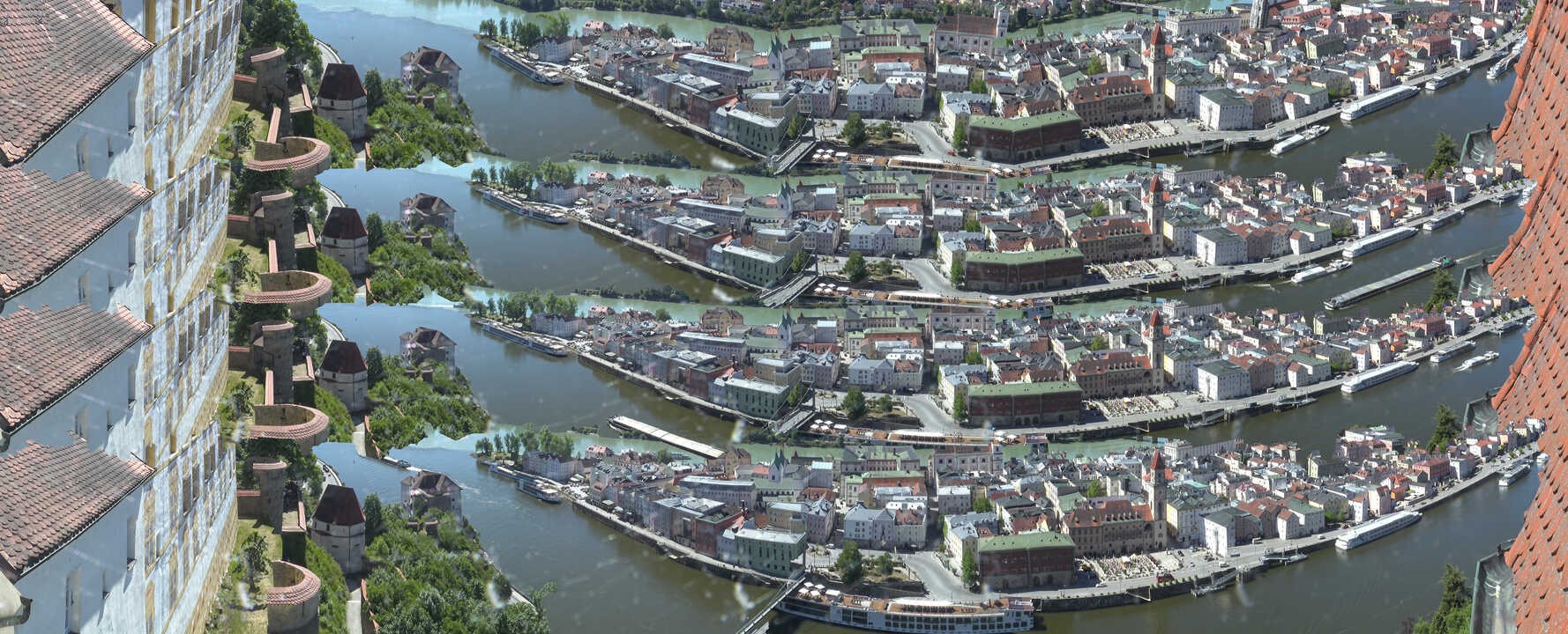Archiv Foto Webcam Passau: Blick von der Veste Oberhaus auf Donau und Altstadt