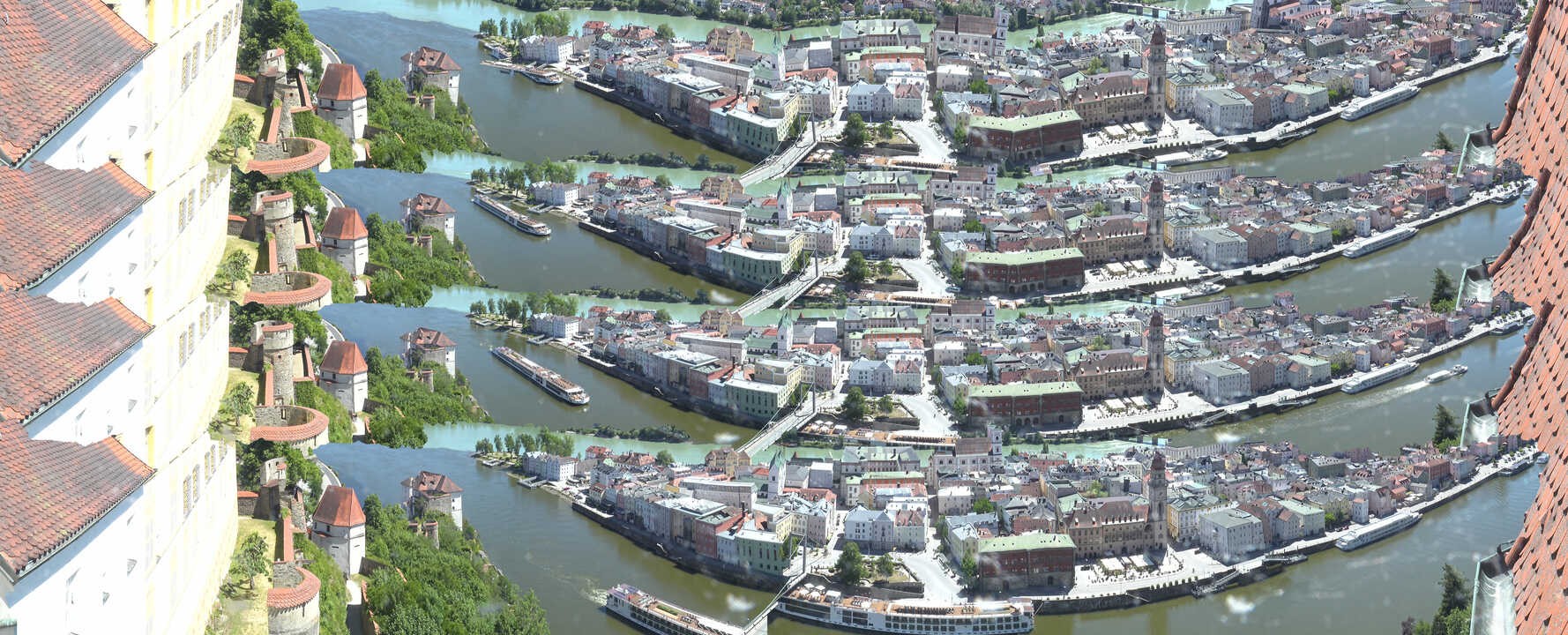 Archiv Foto Webcam Passau: Blick von der Veste Oberhaus auf Donau und Altstadt