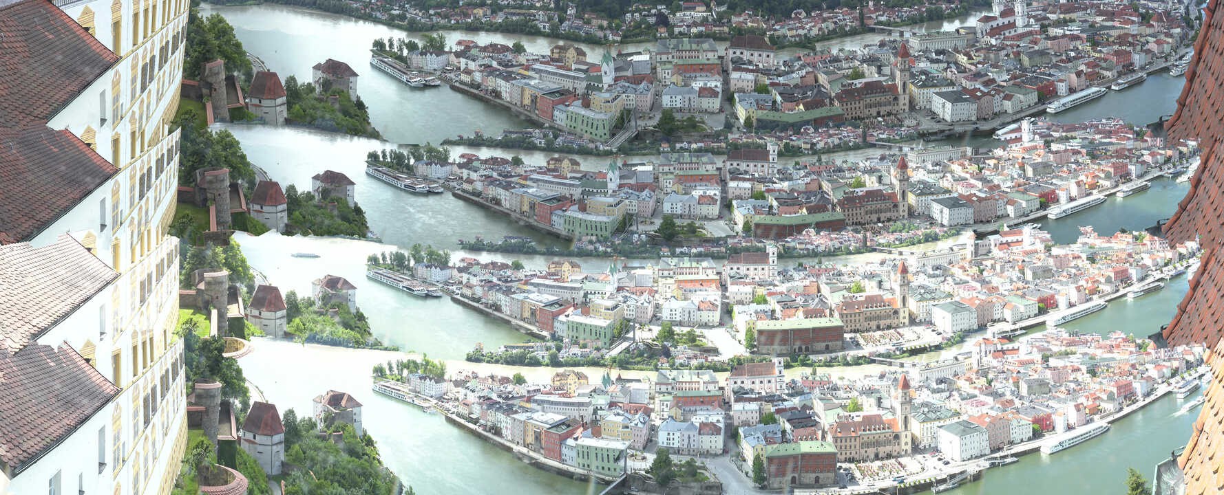 Archiv Foto Webcam Passau: Blick von der Veste Oberhaus auf Donau und Altstadt