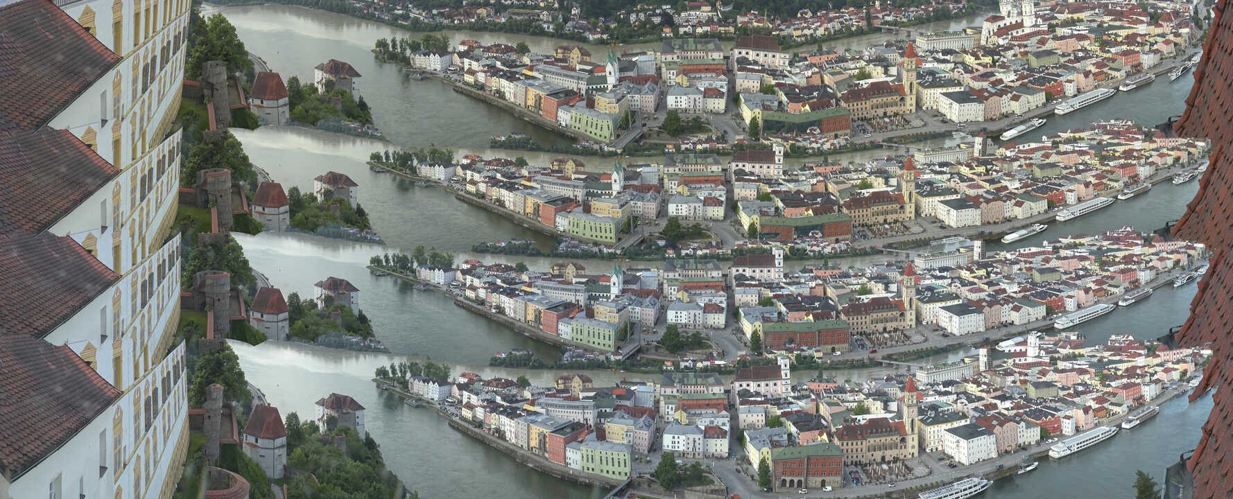 Archiv Foto Webcam Passau: Blick von der Veste Oberhaus auf Donau und Altstadt