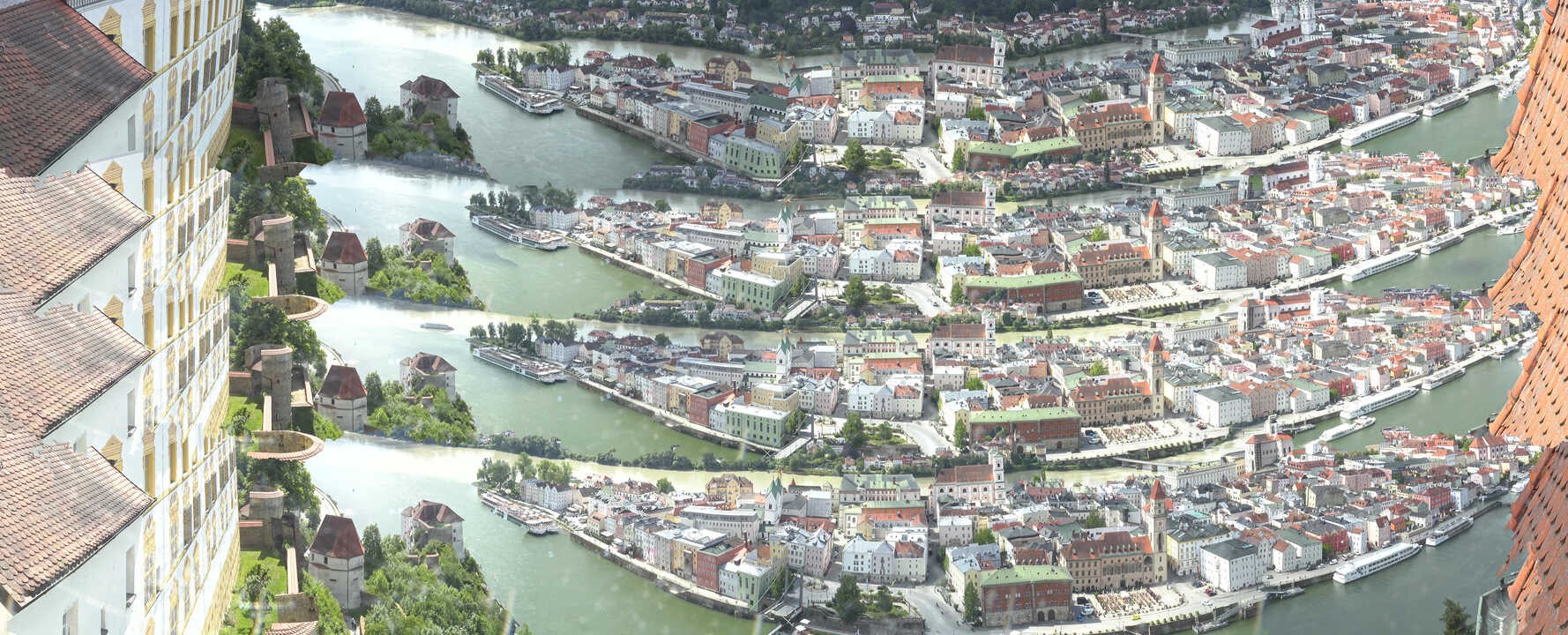 Archiv Foto Webcam Passau: Blick von der Veste Oberhaus auf Donau und Altstadt